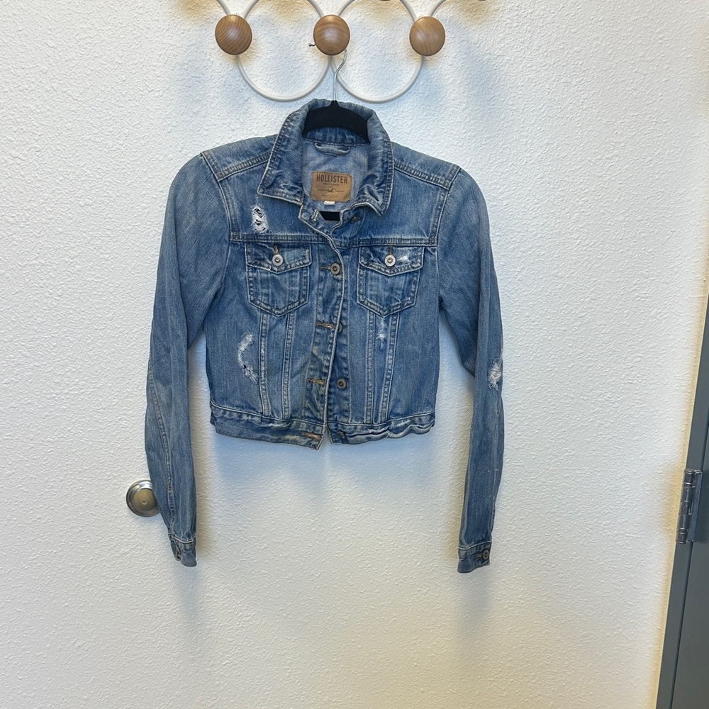 Hollister Women's Distressed Cropped Blue Jean Jacket